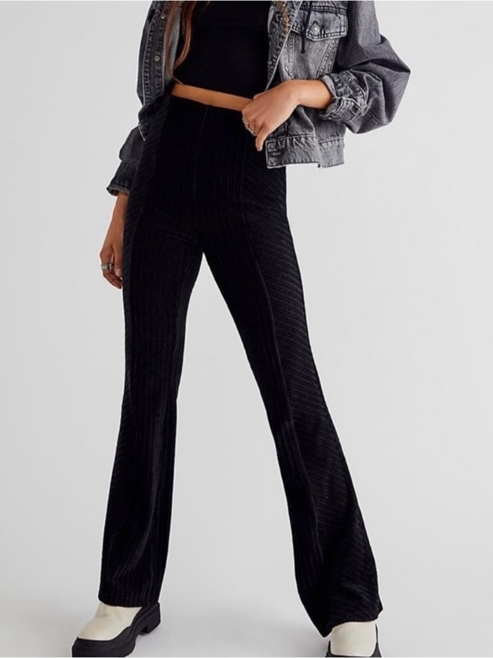 Women’s Free People Slim Pull On Black Velvet Flare Pants